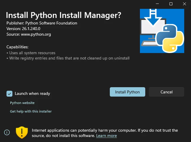 The Windows Install Python Install Manager dialog showing the Python Software Foundation publisher info, the Launch when ready checkbox, and the blue Install Python button.