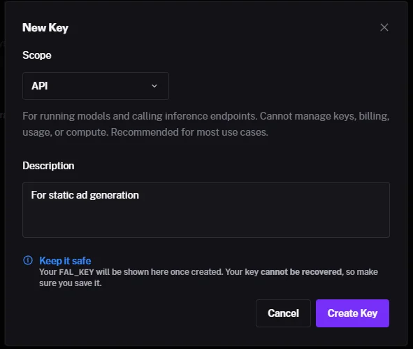 The FAL New Key dialog on fal.ai/dashboard/keys showing the Scope dropdown set to API, the Description field, the Keep it safe warning, and the purple Create Key button.