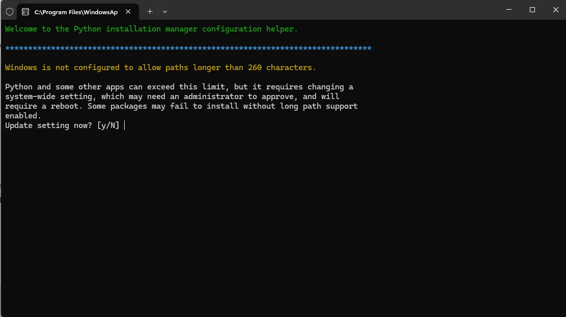 The Python installation manager configuration helper terminal window asking about enabling long path support with a y or N prompt.