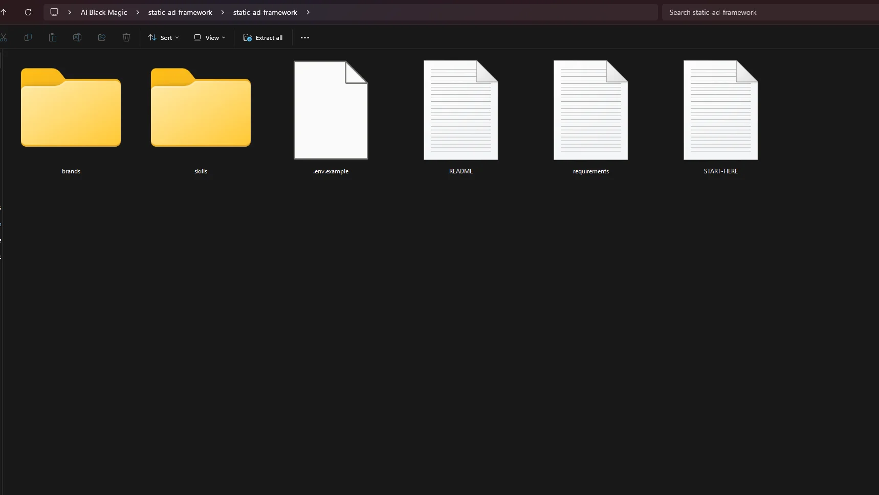 Windows File Explorer showing the unzipped static-ad-framework folder contents including START-HERE.md, README.md, the skills folder, and the brands folder.