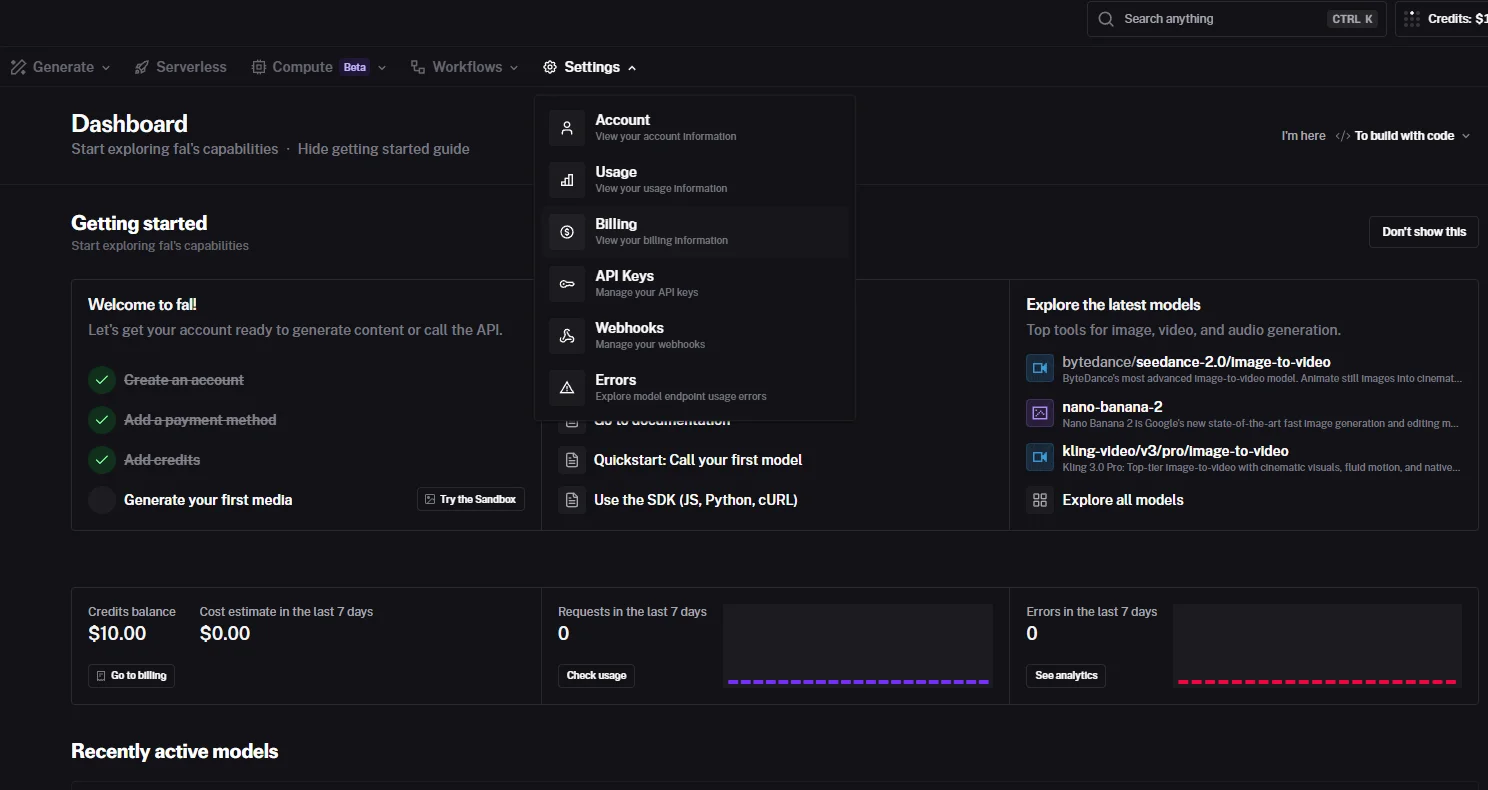 The FAL.ai dashboard with the Keys and Billing navigation items visible in the sidebar.
