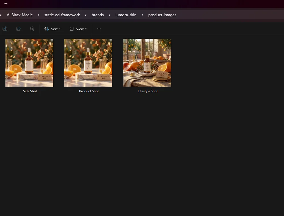 Windows File Explorer showing the brands/lumora-skin/product-images folder open with three product image files inside.