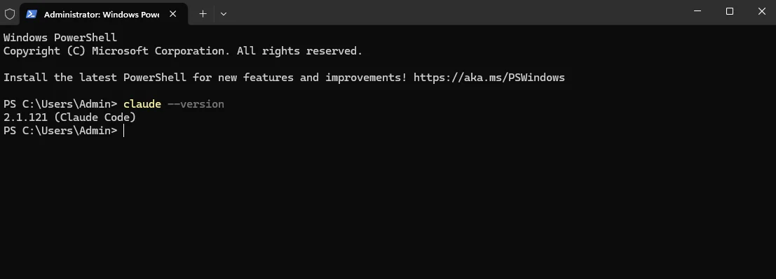 Windows PowerShell window showing the result of claude --version returning a version number