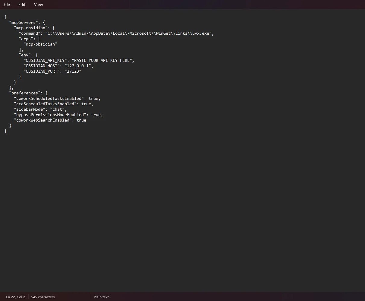 claude_desktop_config.json file open in Windows Notepad