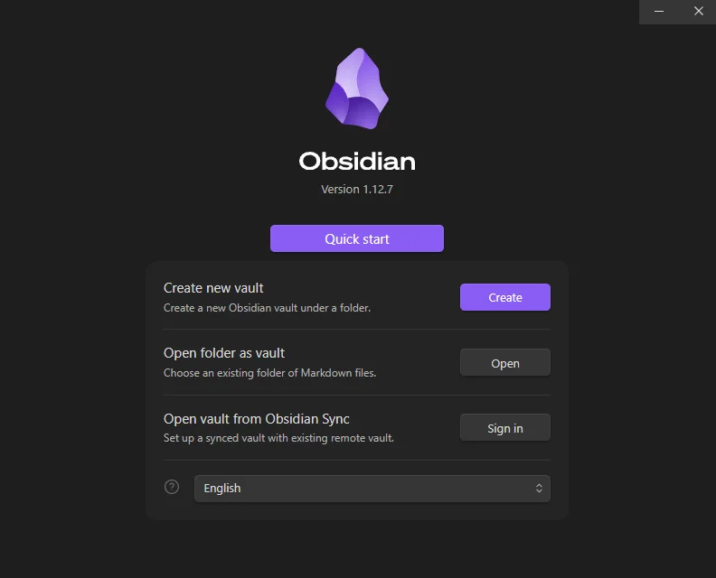 Obsidian first-launch vault picker screen with Create new vault and Open folder as vault options