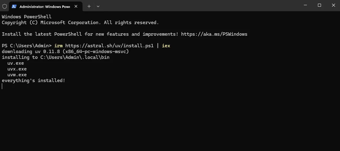 Windows PowerShell after running the uv install command showing the success message