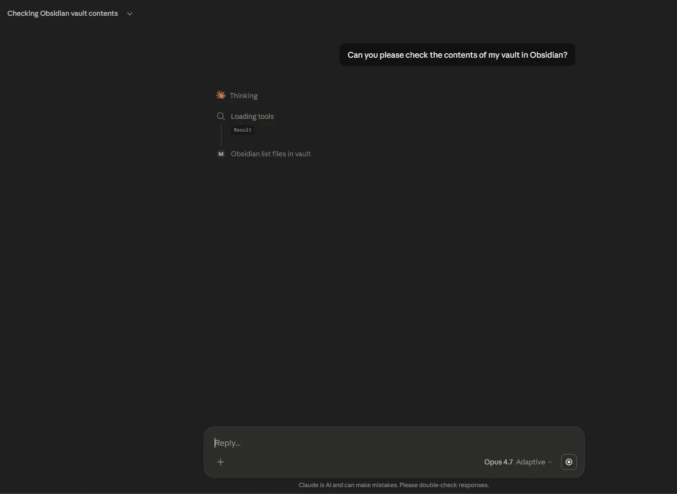 Claude Desktop chat input bar showing the MCP tools indicator confirming the Obsidian server is connected