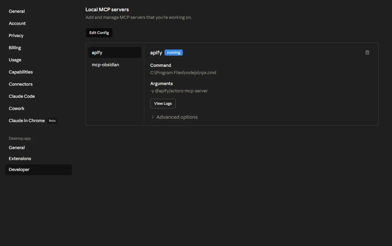 Claude Desktop Settings with the Developer tab selected and the Edit Config button visible