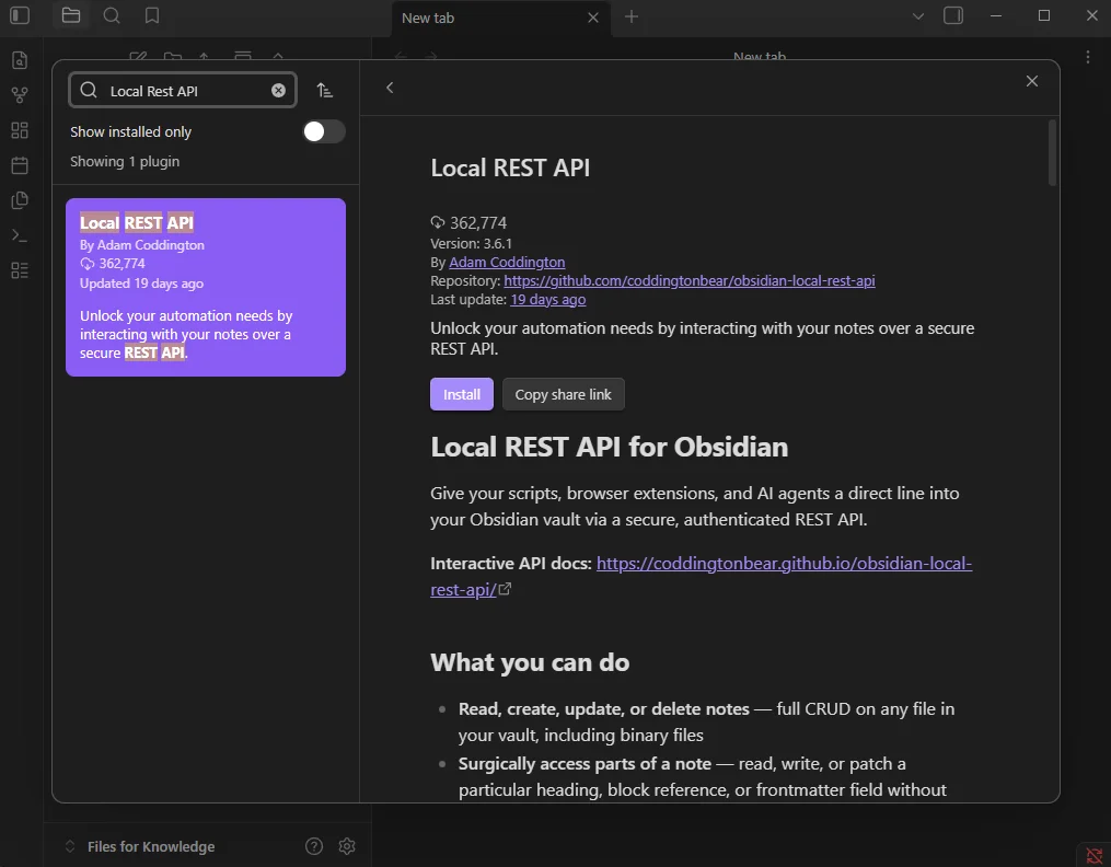 Obsidian Community Plugins browser with Local REST API search result and Install button highlighted