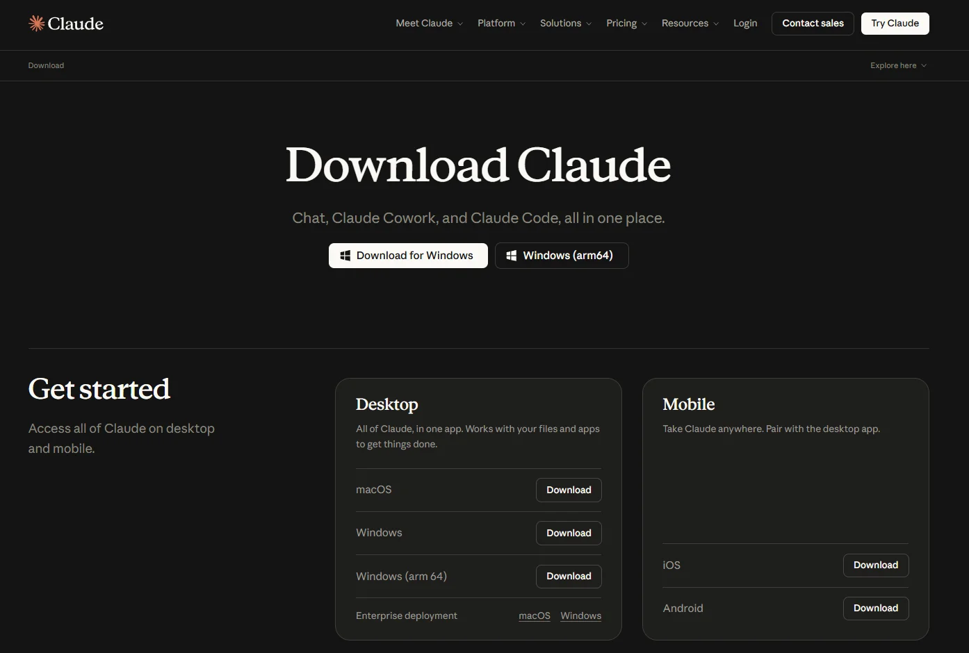 Claude Desktop download page at claude.ai/download showing the OS download options