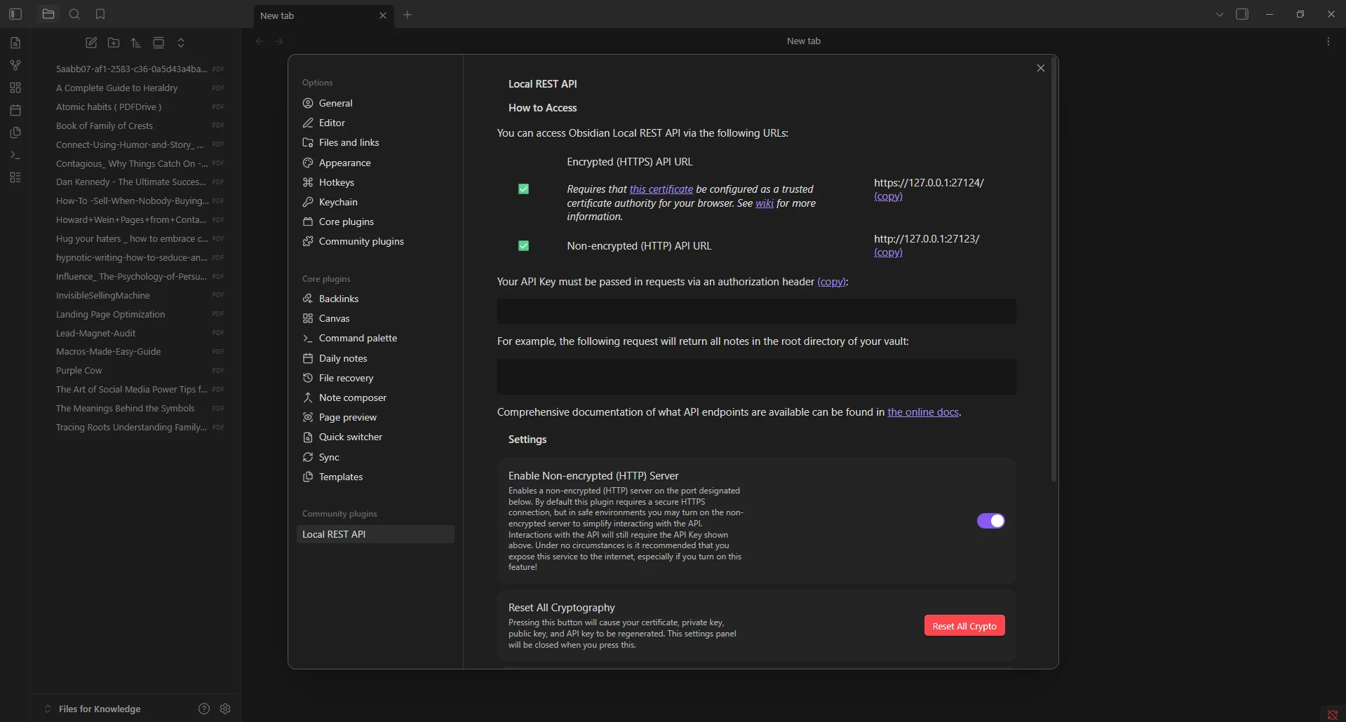 Local REST API plugin settings inside Obsidian showing the API key field