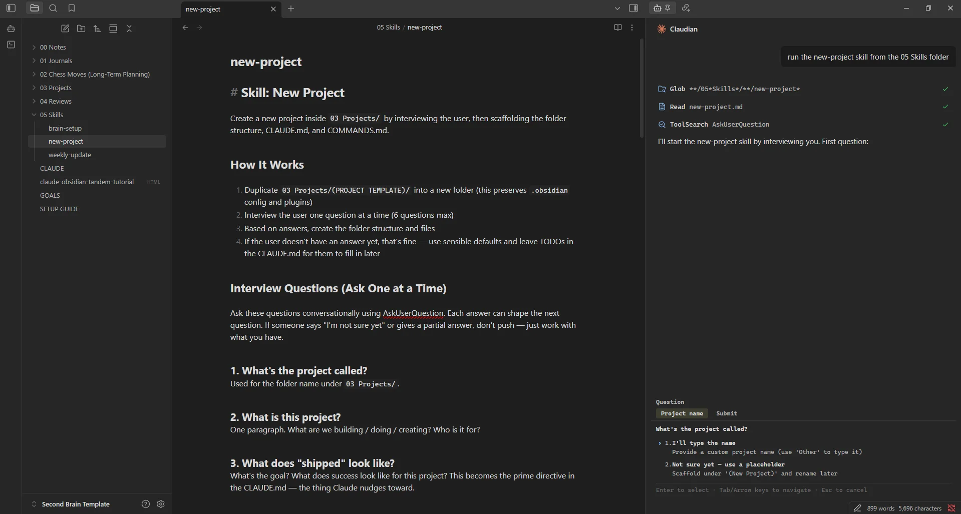 Obsidian file tree showing the freshly created project folder after running the new-project skill