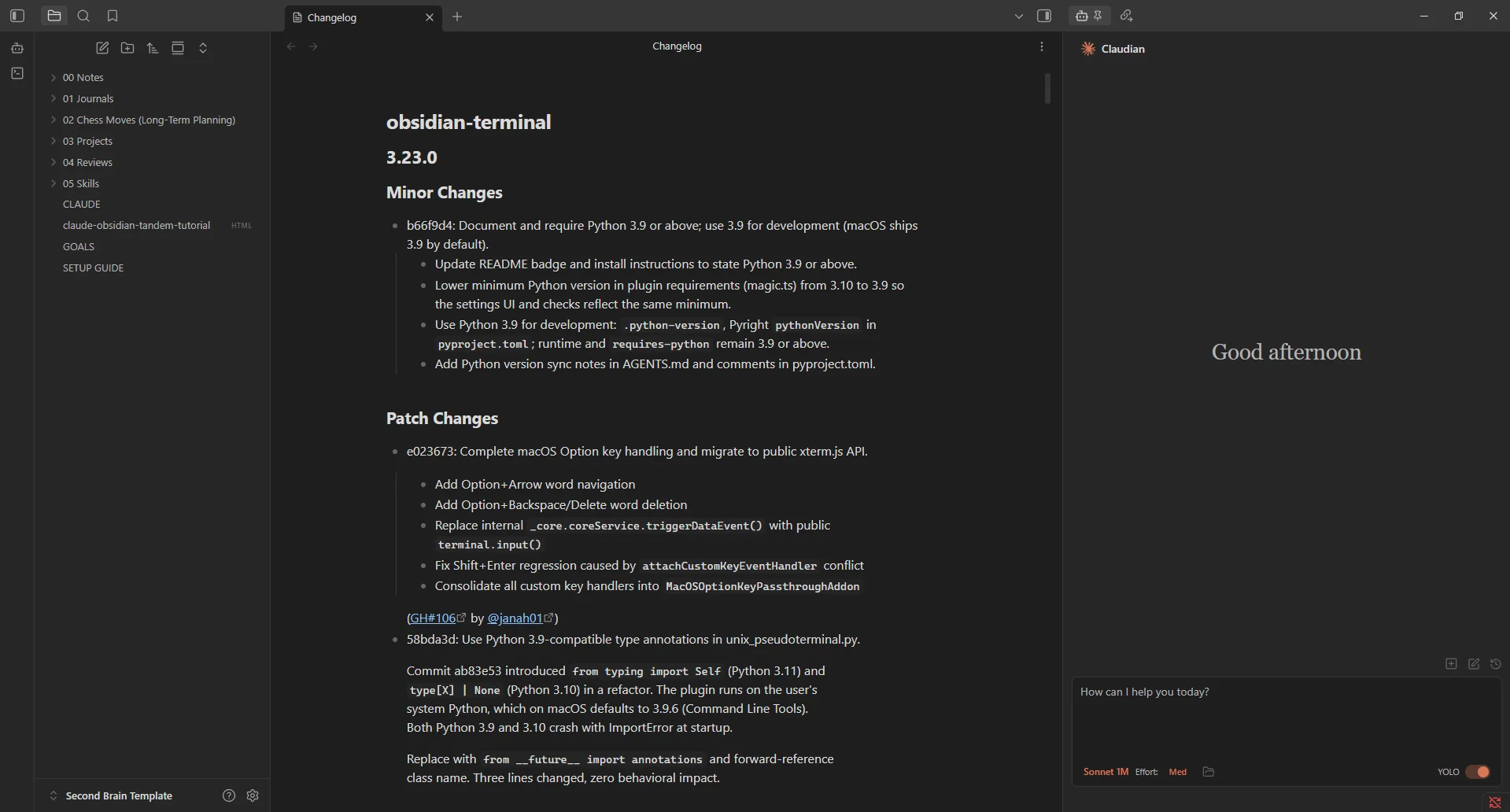 Obsidian with the Claudian chat panel open in the right sidebar alongside an open note