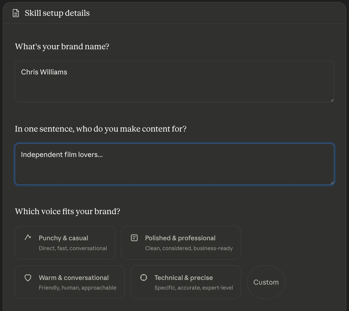First-run onboarding form asking for brand name, audience, voice, and CTA