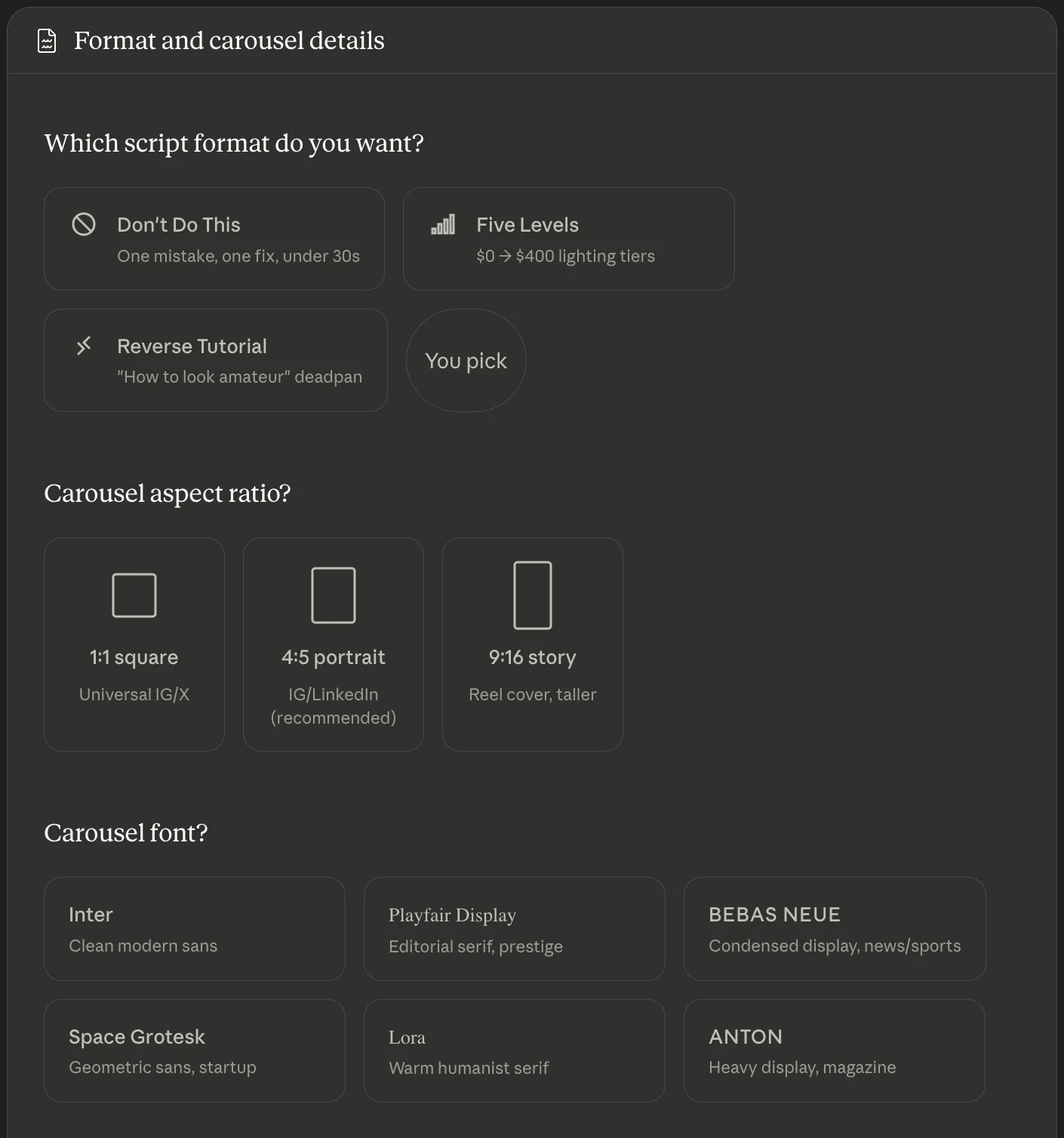 Format picker showing two to three viral video formats fitting the source