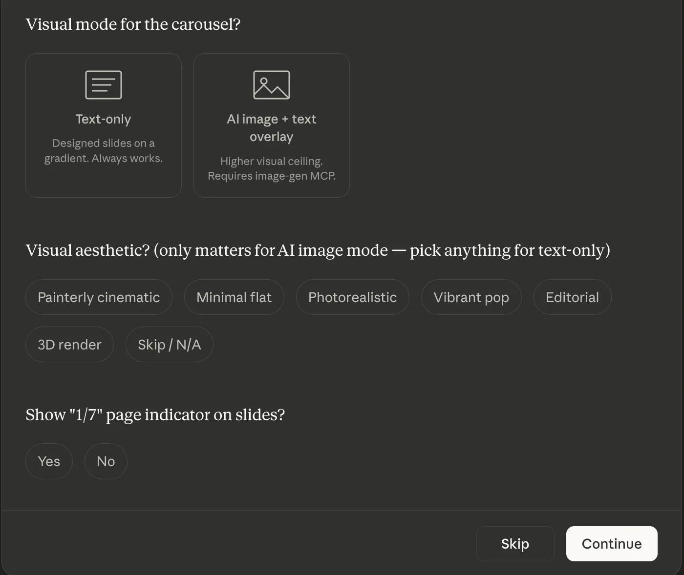Carousel visual mode picker with text-only and AI image options