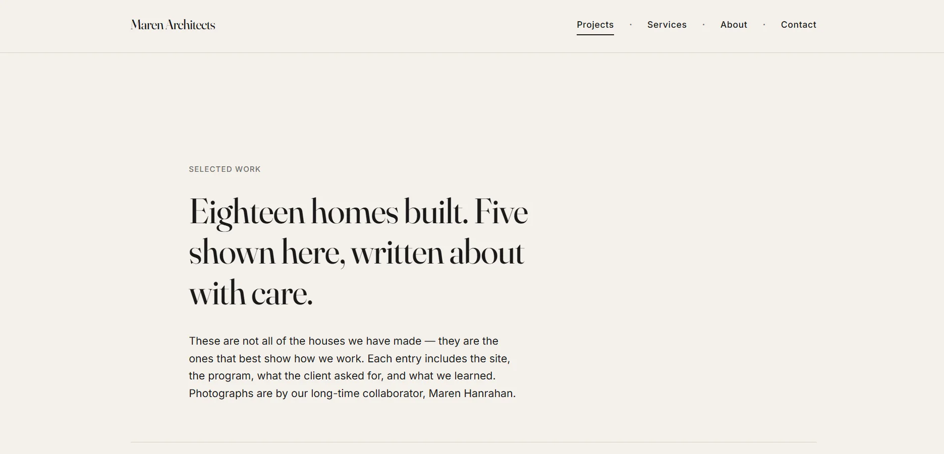A five-page Maren Architects website with consistent design across home, about, projects, services, and contact pages, demonstrating the visual cohesion Mode B produces