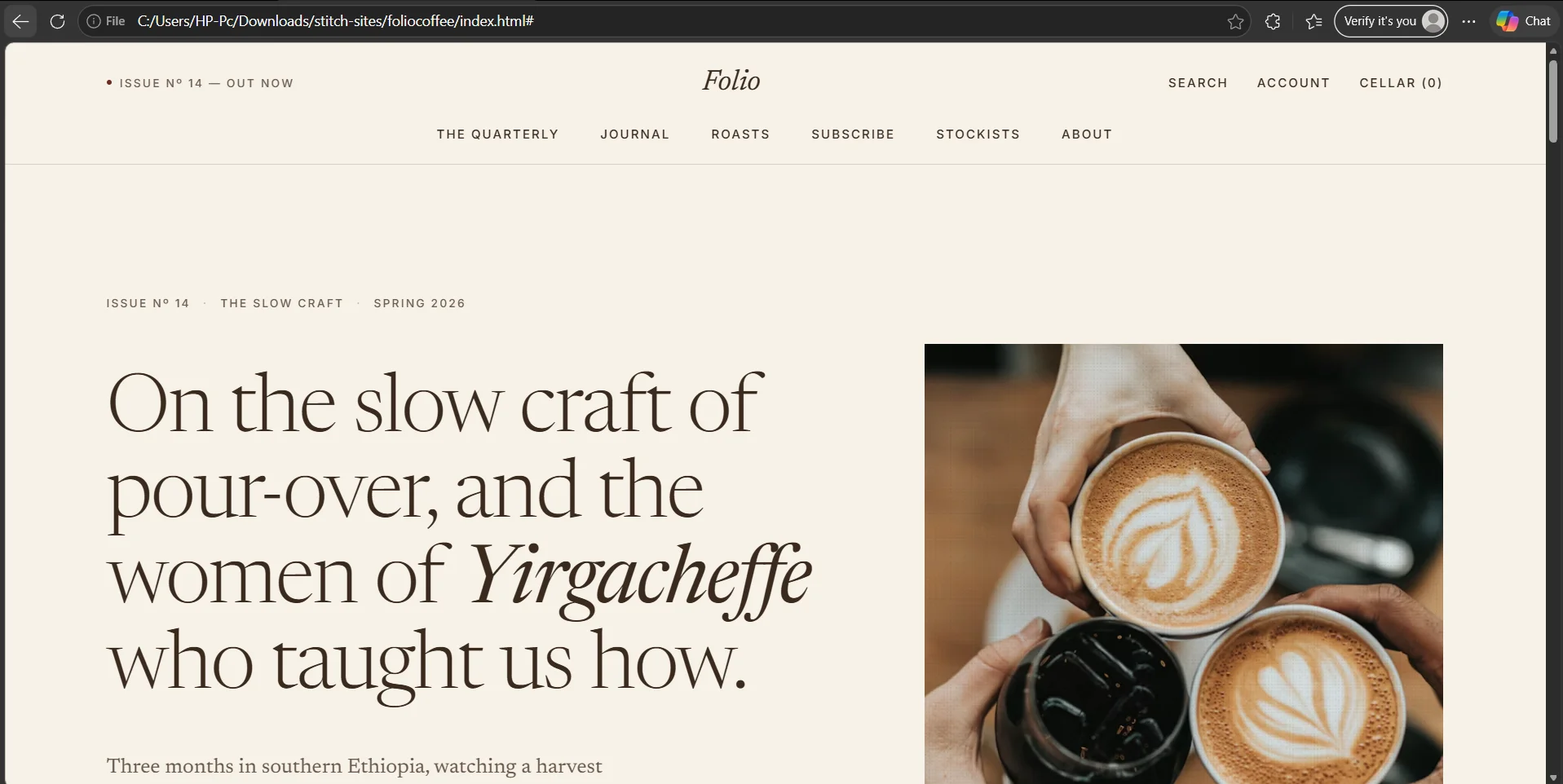 Side-by-side before and after comparison showing a generic coffee shop website redesigned into a polished editorial layout with serif headings, magazine-style spacing, and a single accent color