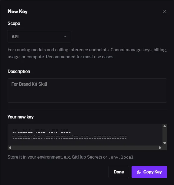 The Fal AI dashboard with the API Keys section highlighted, showing a new key being created.