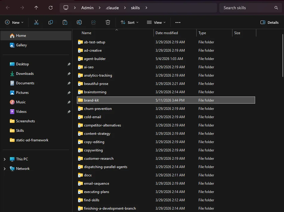 The brand-kit folder placed inside the .claude/skills directory, with SKILL.md, scripts, and templates visible.