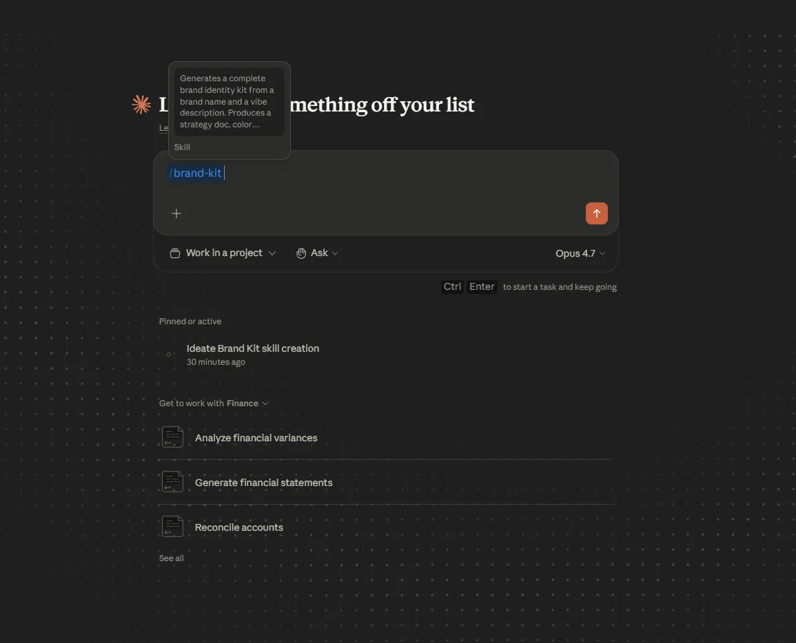 Claude Desktop in Cowork mode with the brand-kit.skill file being dragged onto the chat window and the Save skill confirmation panel visible.