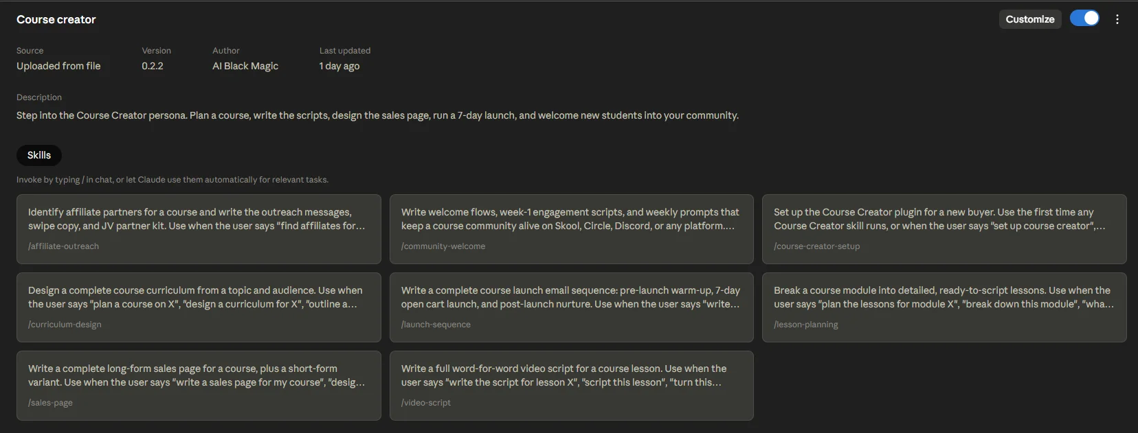 Course Creator plugin inside Cowork showing the plugin tile with description and the Skills tab populated