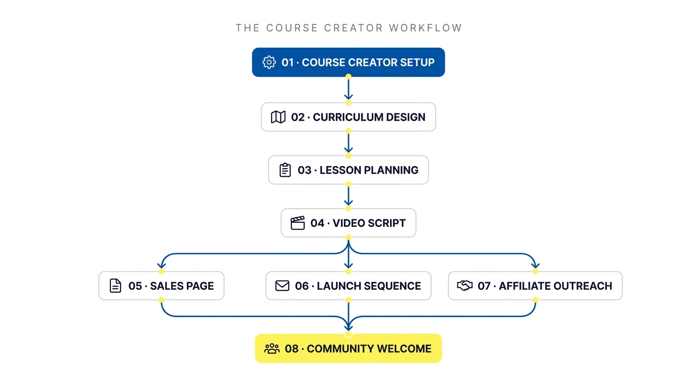 Course Creator workflow diagram showing all 8 skills connected by arrows, from setup at the top through to community welcome at the end