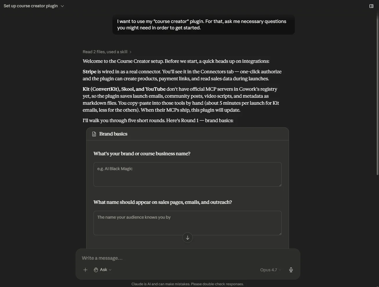 Course Creator setup skill running in Cowork, showing the Round 0 connector status message followed by Round 1 questions