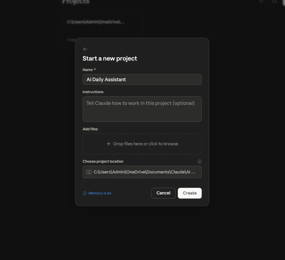 New Project dialog in Claude Desktop with a project name being entered