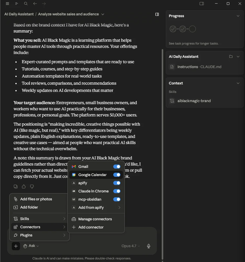 Claude Connectors directory showing the Google Calendar tile ready to be connected