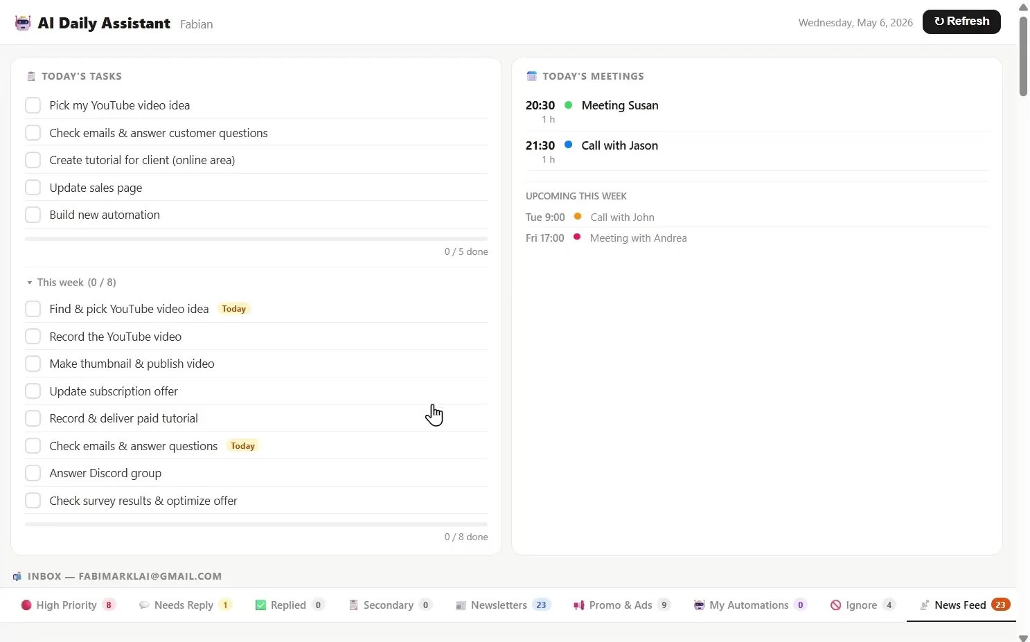 Finished AI Daily Dashboard inside Claude Cowork, showing today's schedule, daily tasks, and a categorized inbox with newsletter summaries