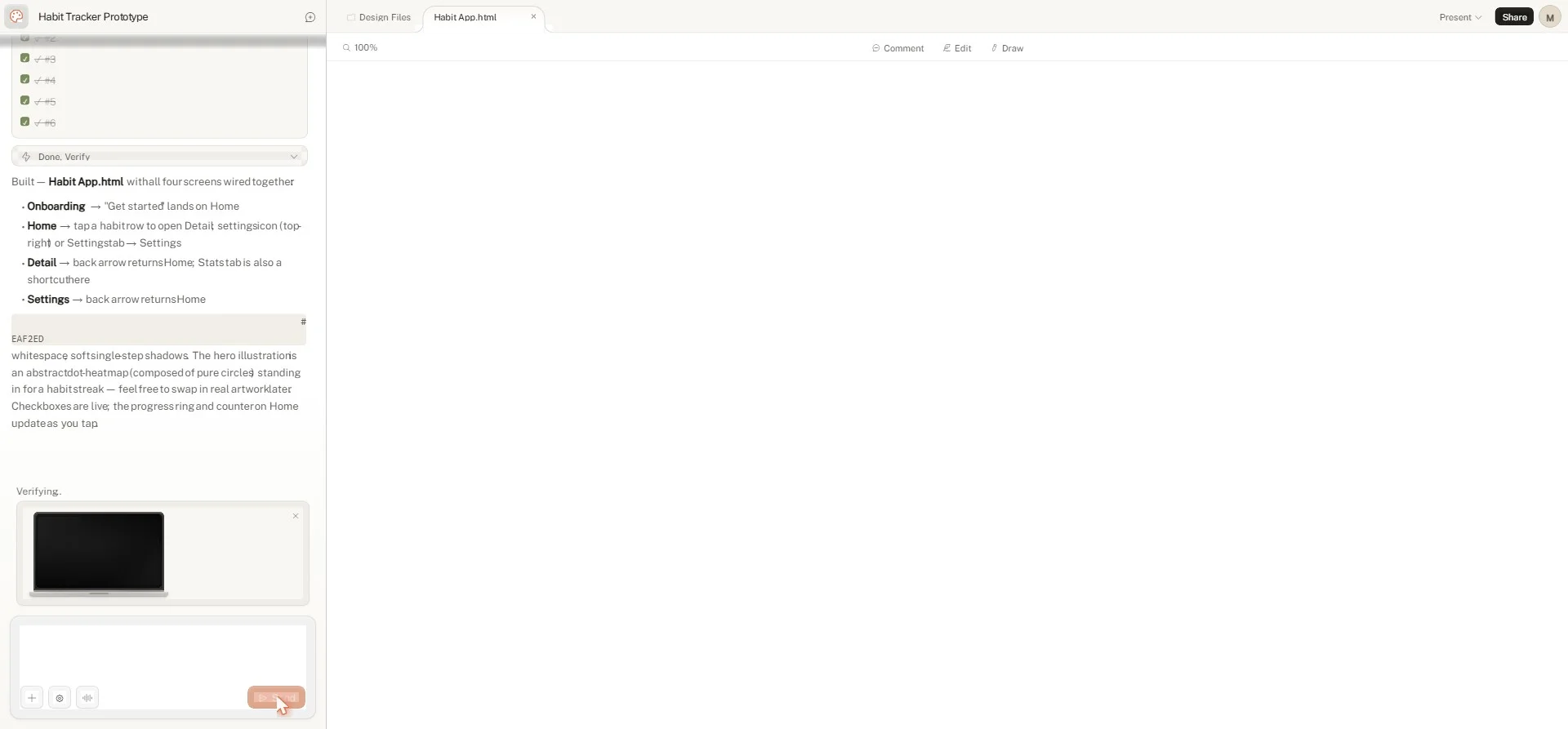 Two-pane Claude Design interface with the chat panel on the left and a generated mobile prototype rendering on the canvas on the right.