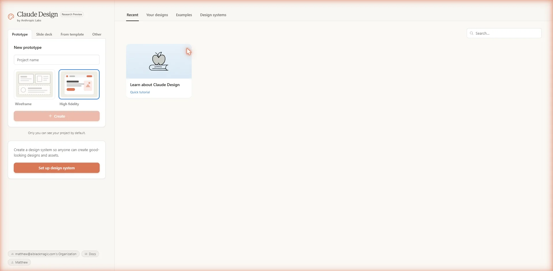 Claude Design landing page showing the project picker with Prototype, Slide deck, From template, and Other options, plus the Recent, Your designs, Examples, and Design systems tabs.