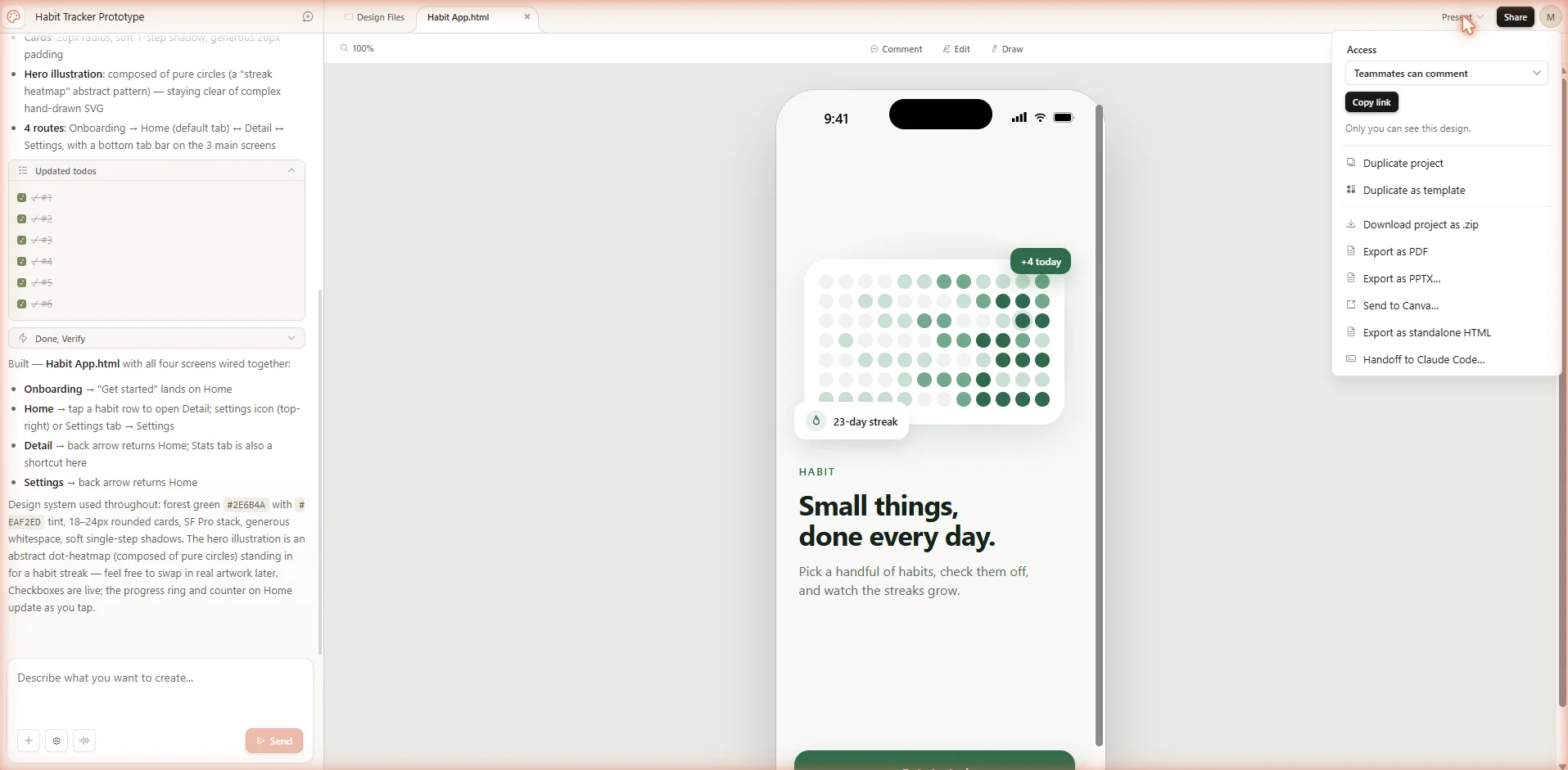 Claude Design Share menu open in the top right of a prototype project, showing the export and handoff destinations including PPTX, PDF, Canva, standalone HTML, and Claude Code.