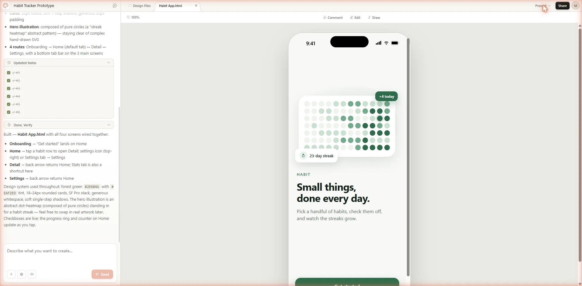 Habit Tracker mobile prototype on the Claude Design canvas, showing the iOS-framed onboarding screen with a forest-green dot-heatmap streak illustration and brand headline.
