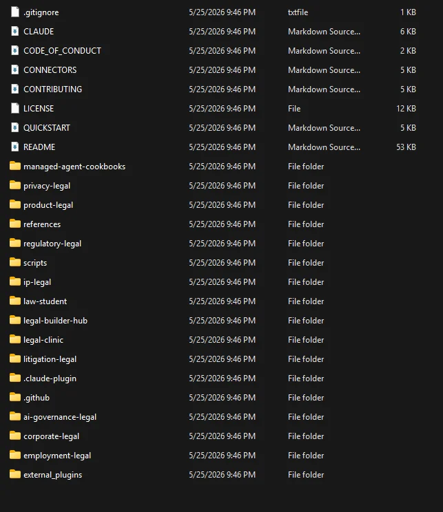 The unzipped claude-for-legal repository folder, showing all 13 plugin subfolders alongside the README and license files.