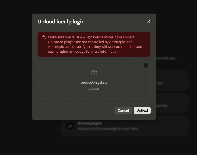 The Customize section in the Claude desktop app, showing the plugin upload and install interface.