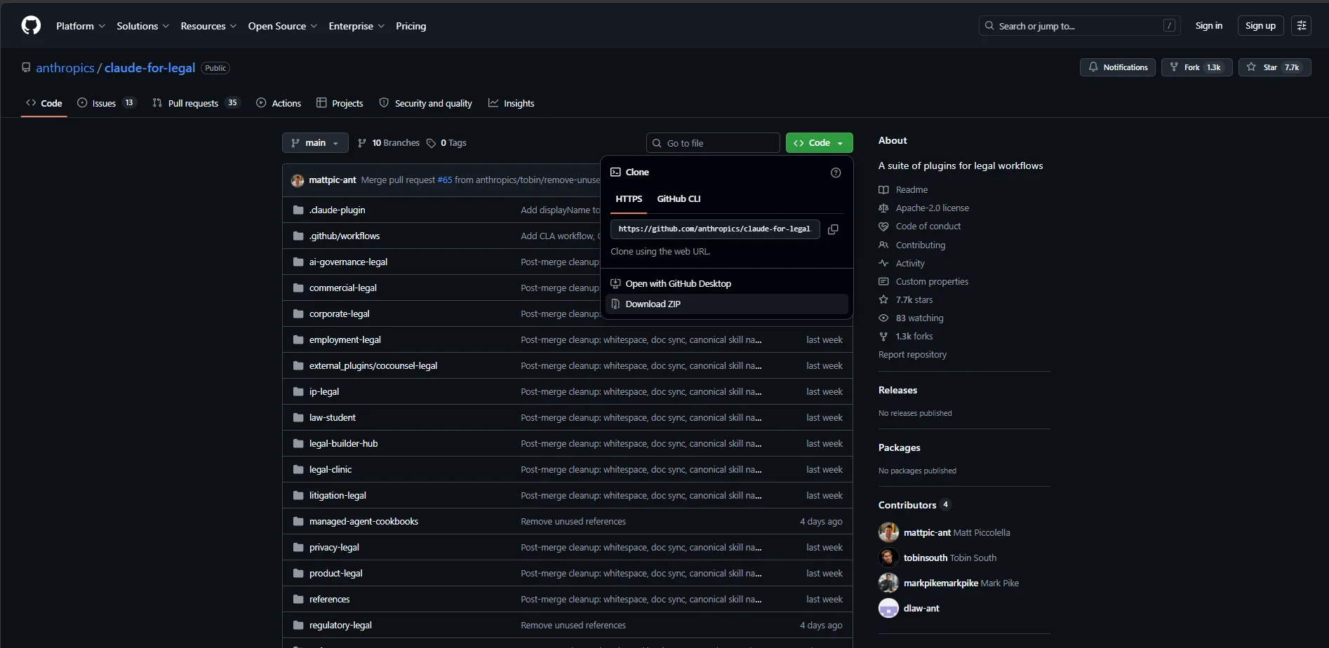 The claude-for-legal GitHub repository page with the Code button expanded, showing the Download ZIP option.