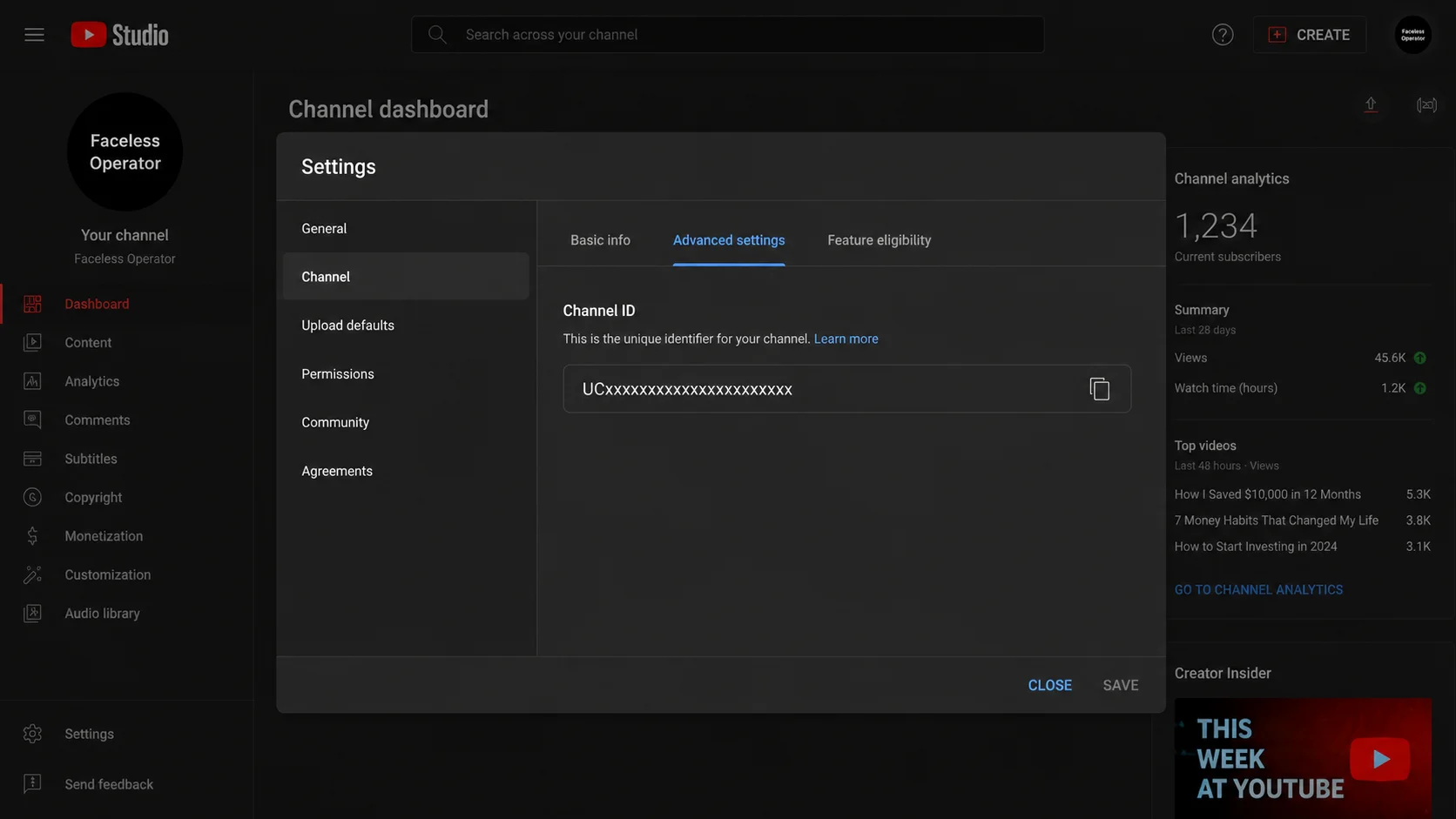 YouTube Studio Settings dialog open to Channel and Advanced settings, showing the Channel ID value you copy and paste into the plugin during setup