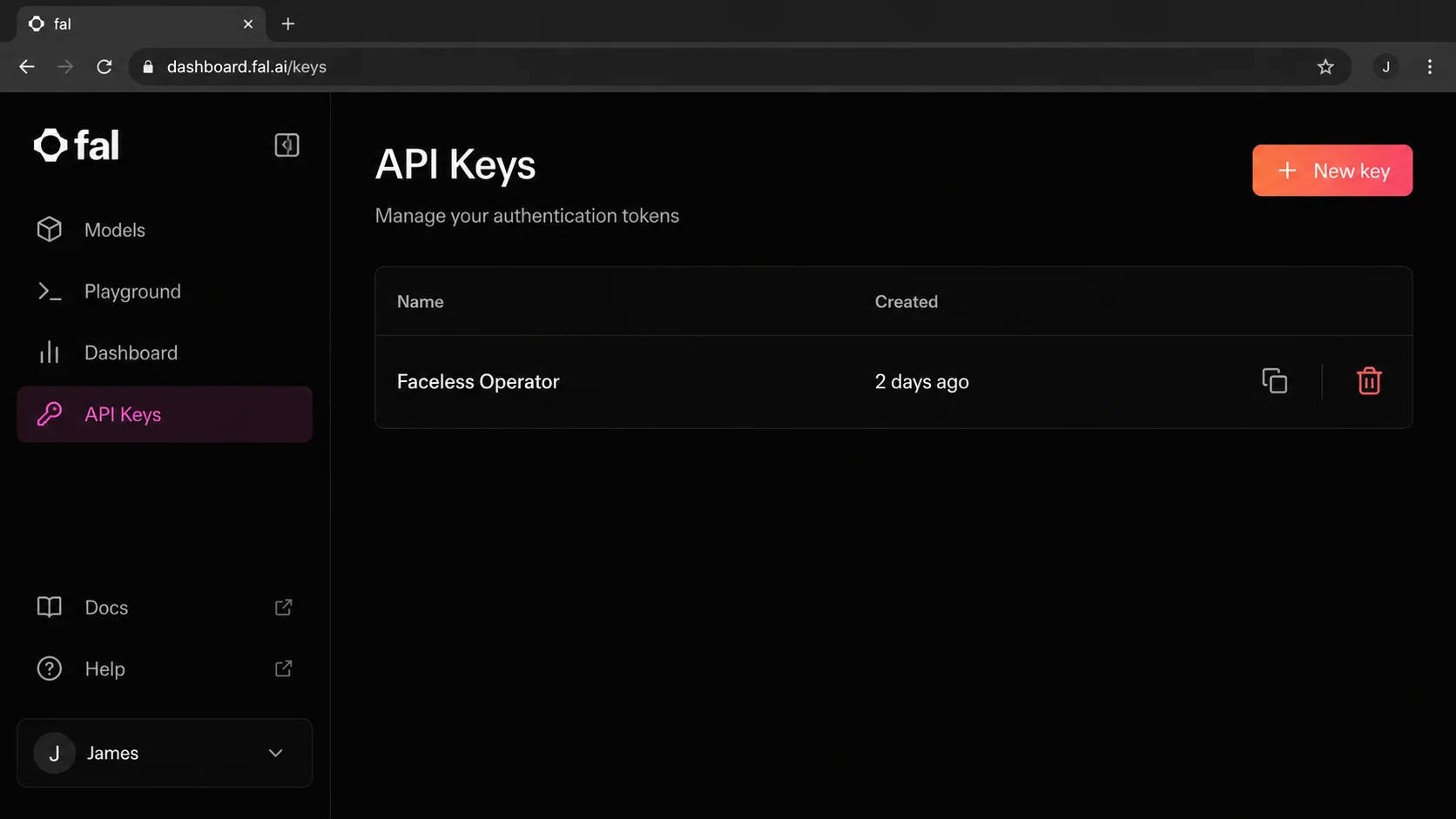 The Fal AI dashboard open to the API Keys section, with the + New key button used to create the API key the plugin needs for image and video generation