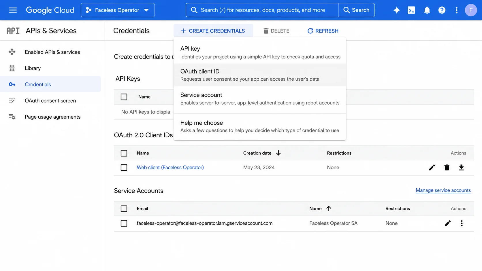 Google Cloud Console open to the Credentials page, with the Create Credentials dropdown showing the OAuth client ID option you select to generate the YouTube API credentials