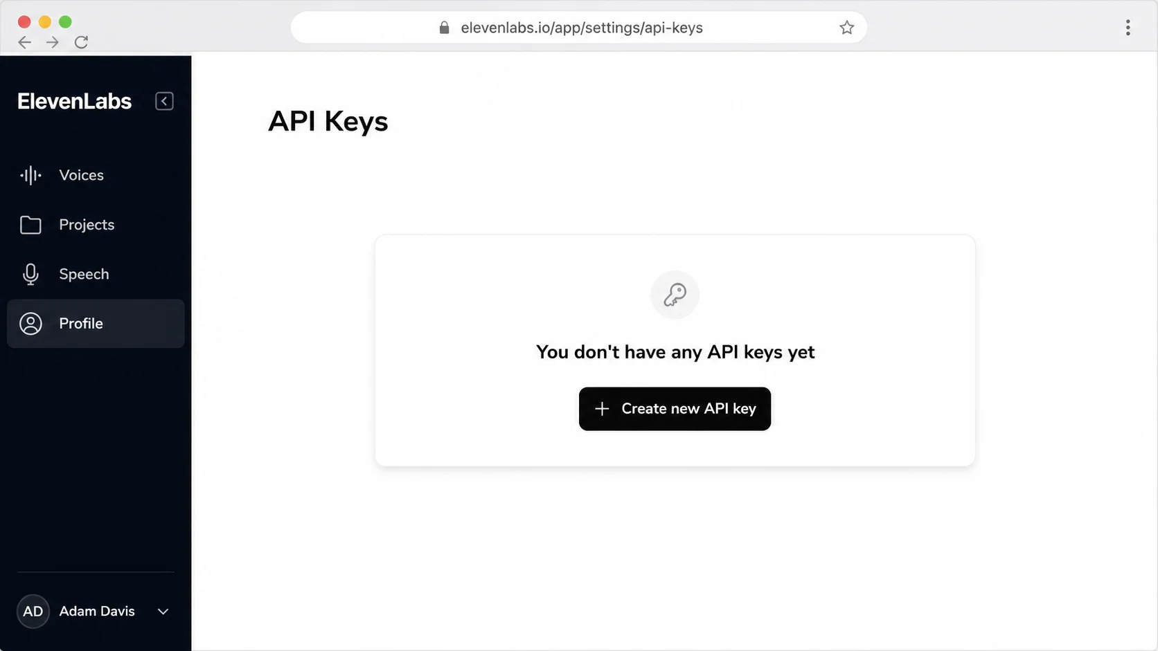 The ElevenLabs Profile section open at the API Keys page, showing the Create new API key button you click to generate a key for the plugin
