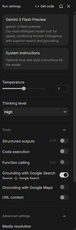Close-up of the Run settings panel in Google AI Studio showing the selected model, System instructions, the Temperature slider, the Thinking level dropdown, and the Tools toggles including Structured outputs, Code execution, and Grounding with Google Search.