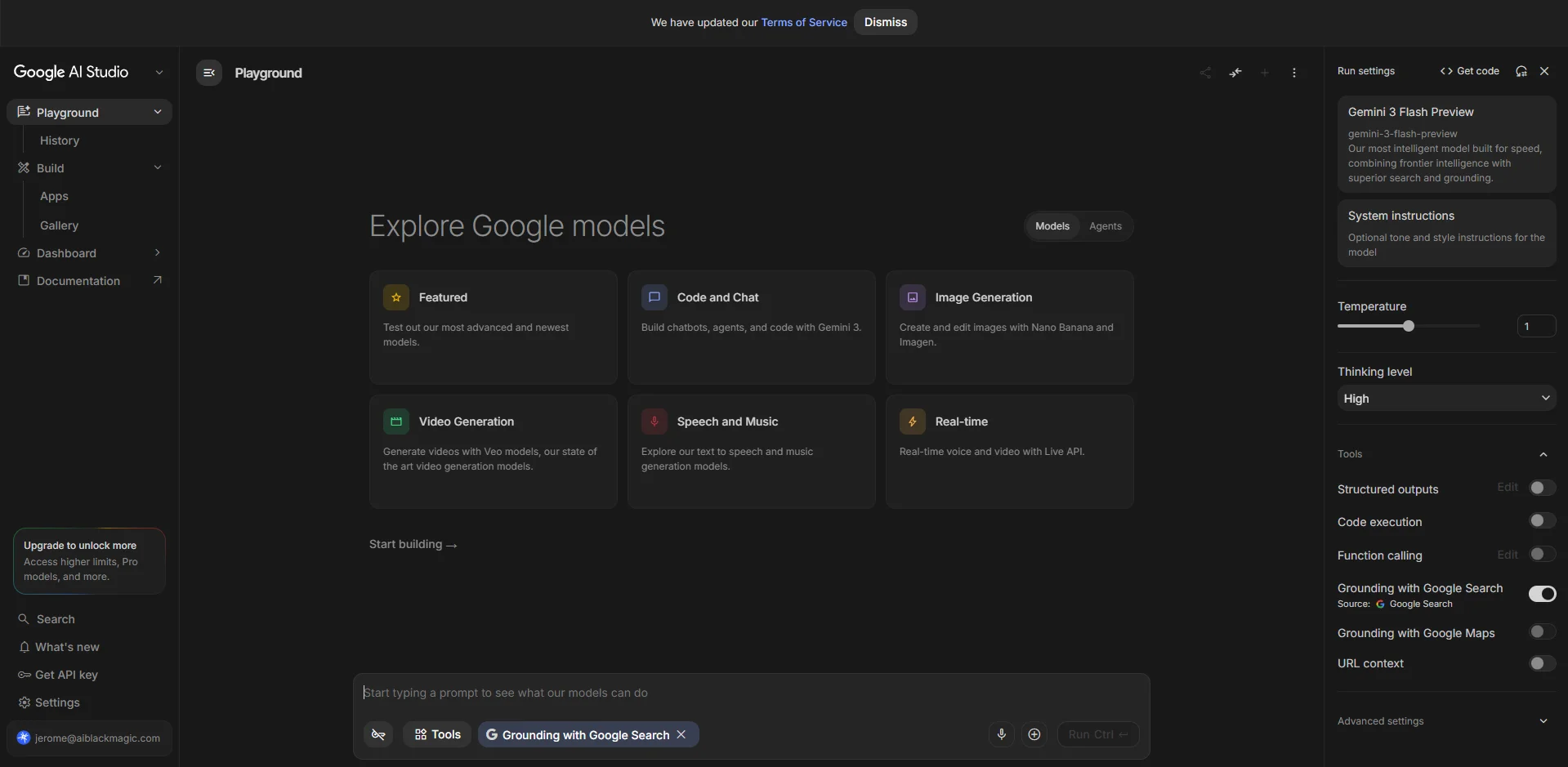 The Google AI Studio home screen, titled Explore Google models, showing the six model category tiles: Featured, Code and Chat, Image Generation, Video Generation, Speech and Music, and Real-time, with the navigation sidebar on the left.