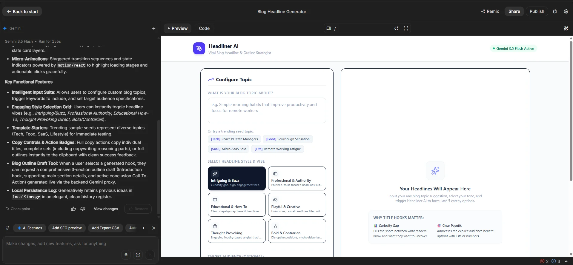Build mode in Google AI Studio showing a split view, with the chat prompt on the left and a live, working app preview on the right generated from a plain-English description.