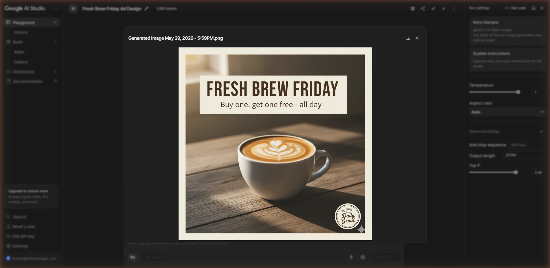 A coffee shop ad graphic generated by Nano Banana, with the bold headline FRESH BREW FRIDAY and the subtext Buy one, get one free all day rendered cleanly inside the image above a photo of a latte, demonstrating accurate text inside an AI-generated image.