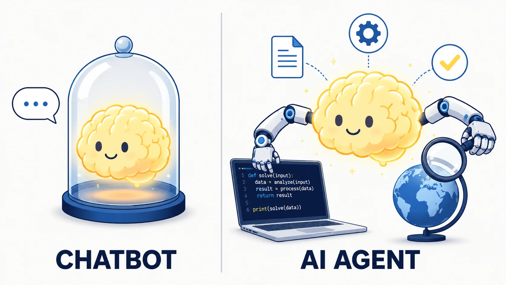 Two-panel illustration: on the left, a chatbot shown as a brain sealed inside a glass jar that can only talk; on the right, an AI agent shown as the same brain with robotic hands using a laptop, a document, and web search to take real action.