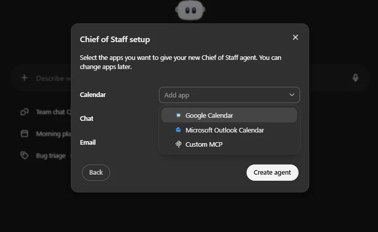 The no-code Workspace Agent setup dialog for a Chief of Staff agent, asking which apps to connect for Calendar, Chat, and Email, with a connector dropdown open showing Google Calendar, Slack, Microsoft Teams, and Custom MCP.