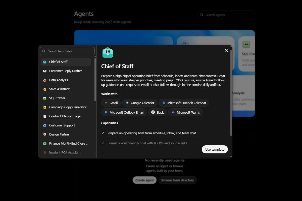 The ChatGPT Workspace Agents template browser, with the Chief of Staff template open showing the apps it works with (Gmail, Google Calendar, Slack, Microsoft Teams) and its capabilities.