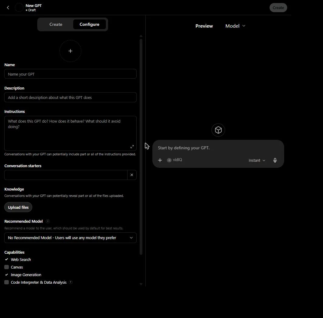 The ChatGPT GPT Builder on the Configure tab, showing the Name, Description, Instructions, Conversation starters, Knowledge upload area, and Capabilities toggles, with a live preview panel on the right.